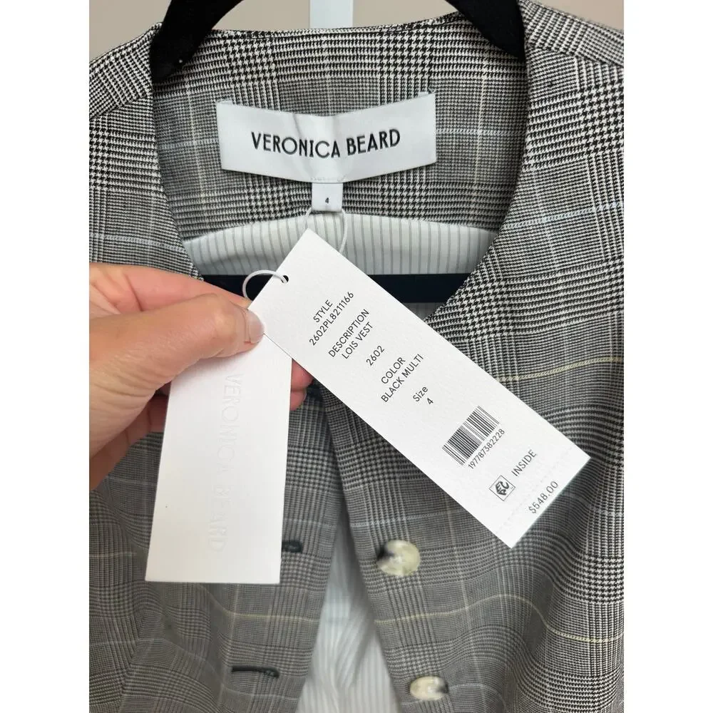 NEW Veronica Beard Lois Linen-Blend Vest Grey Plaid Tailored Top Size 4